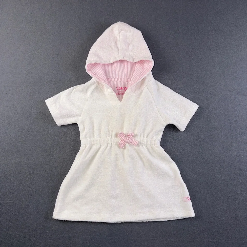 RuffleButts White Terry Cloth Hooded‎ Swim Cover-Up Pink Seersucker 12-18M